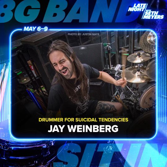 I’m thrilled to share that I’ll be sitting in with the @8gband on @LateNightSeth May 6 - 9! 🥁📺 I have countless foundational memories from pretty much growing up just two floors down at 30 Rock, and I’m honored to come up to jam in two weeks!