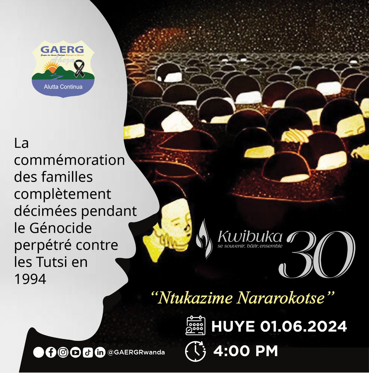 🕯️It is time again! #Ntukazime

Join us as we honor and remember the families completely wiped out during the 1994 Genocide against the Tutsi. Remember to tell friends to mark their calendars.'Ntibazazima Twararokotse.'

📍 The event will take place in @HuyeDistrict  

🏟  Huye