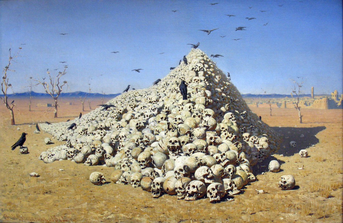 An example of Armenian so-called genocide lie. Books supporting Armenian theses present this photograph as evidence and claim that skulls in photograph belong to Armenians murdered by Turks in 1915. However,this is a painting drawn by Russian artist Vasily Vereshchagin in 1871.