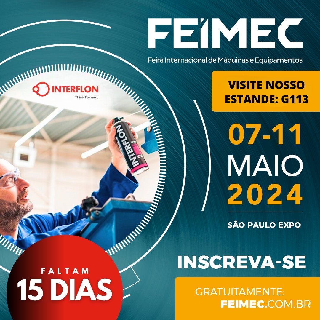 InterflonBrasil's tweet image. Faltam 15 DIAS para a FEIMEC, maior evento da Indústria de Máquinas e Ferramentas no Brasil. Entre os dias 07 e 11 de maio você poderá visitar nosso estande e conhecer nossa SOLUÇÃO COMPLETA DE LUBRIFICAÇÃO!
Inscreva-se! feimec.com.br/pt/home.html #interflonbrasil #feimec2024