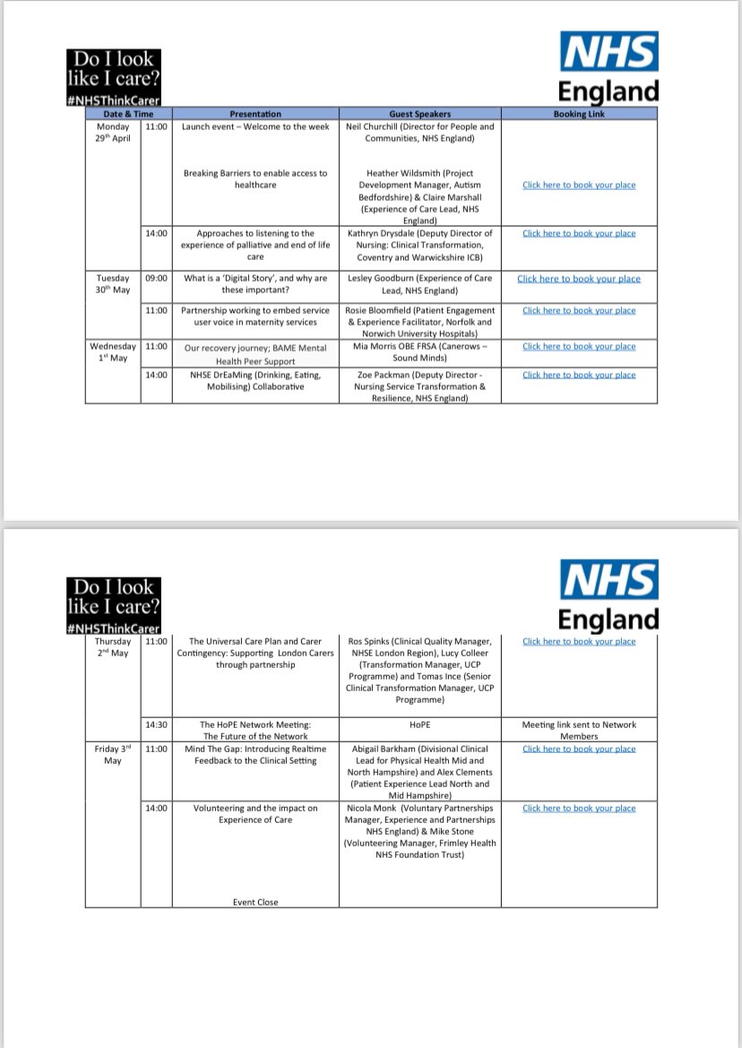 Want to know what the @NHSThinkCarer team will be doing during Experience of Care Week? Check out this schedule 👇🏾 #IamExperienceofCare #NHSThinkCarer
