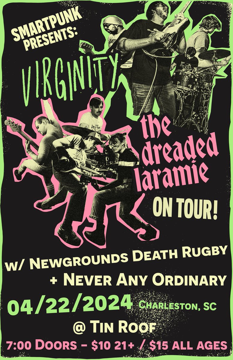 TONIGHT CHARLESTON!!! ripping the house down with @VirginityIsRad @TheDreadedLarry and @NvrAnyOrdinary at the tin roof….and perhaps we’re playing some new songs… 🧐 see yall there