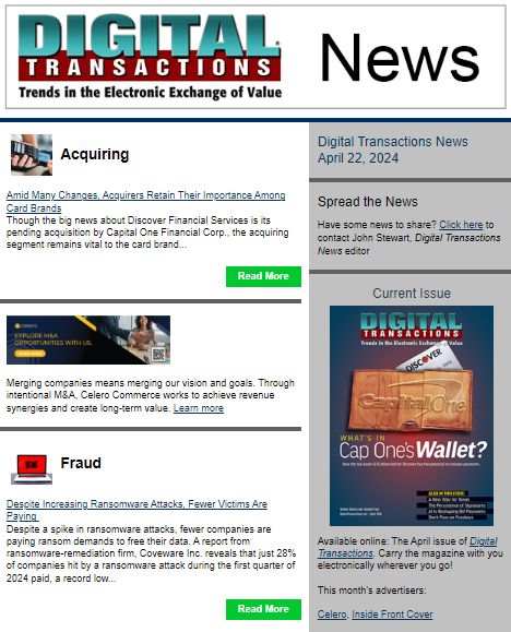 DTPaymentNews's tweet photo. Today's Digital Transactions News: Card Brands’ Acquiring Loyalty; Ransomware Payouts Decreasing; Apple Wallet Open in Europe?
https://t.co/FemPufdXU9
#payments #acquiring #Transact2024 #Discover #Visa #ransomware #malware #payouts #AppleWallet #NFC #Europe https://t.co/IY28PDFURb