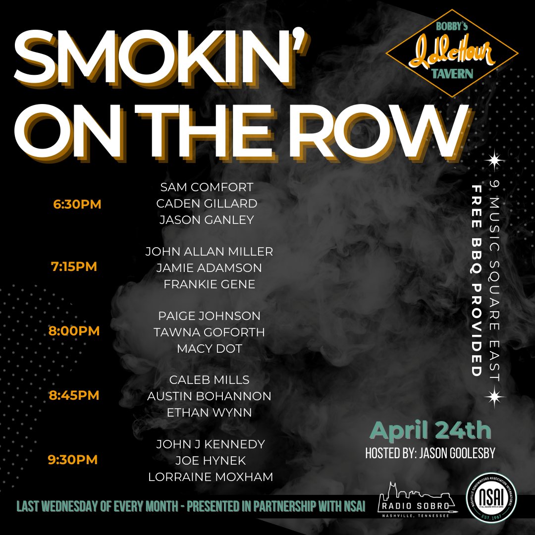 We'll have live music BBQ'd up! Join us Wednesday night for our favorite monthly songwriter round, @smokinontherow! #thesongsarebetterthanthepuns #nsai #songwriter #writersround