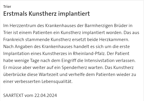 #SKK20242022 #SAARTEXT Im #Herzzentrum des Krankenhauses der Barmherzigen Brüder in #Trier ist einem Patienten ein #Kunstherz implantiert worden. Erste #Implantation eines Kunstherzes in Rheinland-Pfalz. | #RheinlandPfalz #BarmherigeBrüder #Krankenhaus