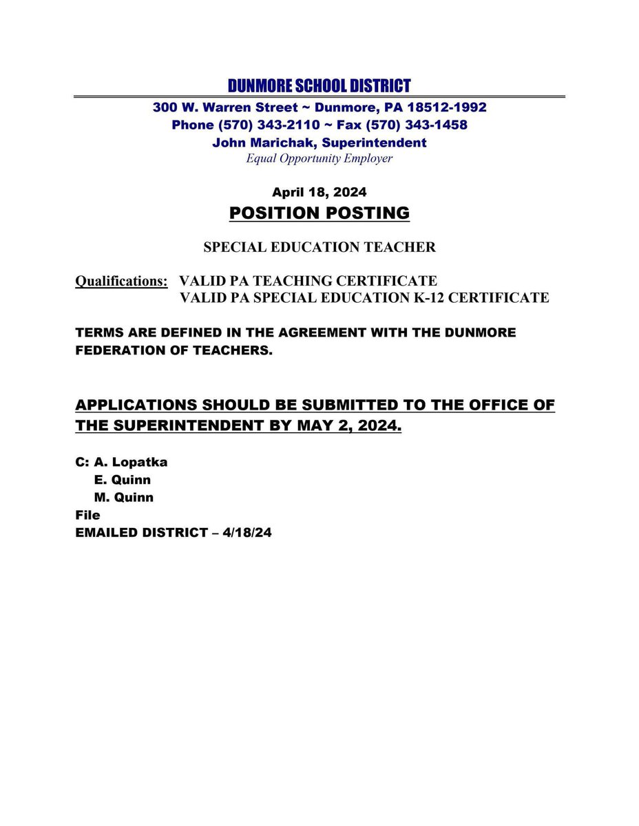 Applications should be submitted to the Office of the Superintendent by May 2, 2024.