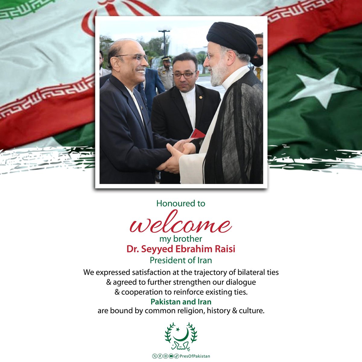 President Asif Ali Zardari welcomed the Iranian President Seyyed Ebrahim Raisi upon his arrival, at Aiwan-e-Sadr.