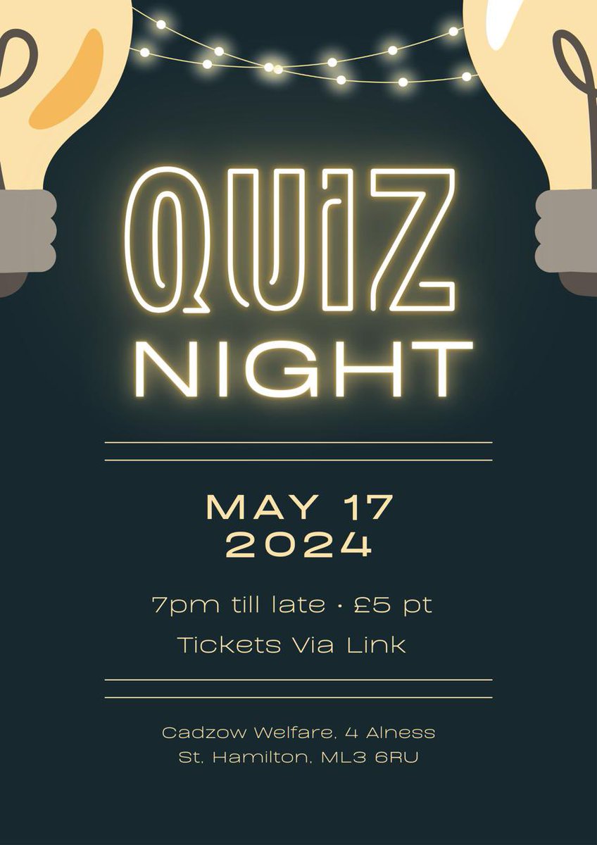 📝 Come along to Hamilton SNP's Quiz Night on the 17th of May! 🎟️ All info is below: £5 ticket includes entry and snacks and there will be lots of games. ✉️ Use the link to buy tickets, and if you can't come along you can still be involved! Buy a ticket please 😁