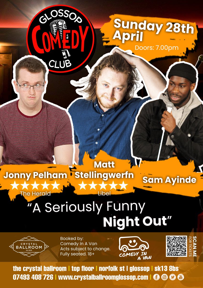 Glossop Comedy Club - Sunday 28th April
Tickets: tickettailor.com/events/crystal…

LIVE stand-up comedy featuring: Matt Stellingwerf, Jonny Pelham, Sam Ayinde

#glossop #comedyclub #comedynight #tintwistle #mottram #crystalballroom #comedyinavan #mattstellingwerf