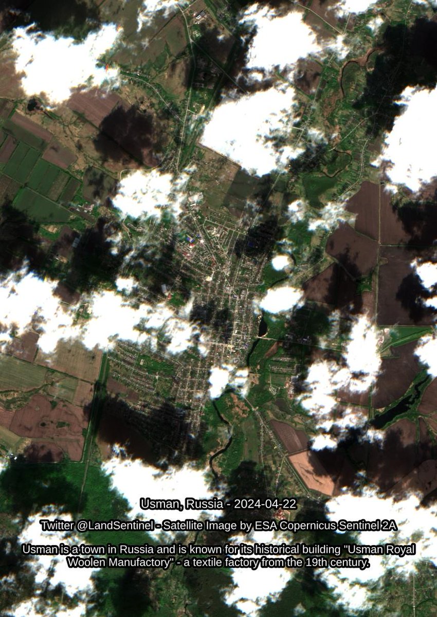 Usman - Russia - 2024-04-22 Usman is a town in Russia and is known for its historical building 'Usman Royal Woolen Manufactory' - a textile factory from the 19th century. #SatelliteImagery #Copernicus #Sentinel2