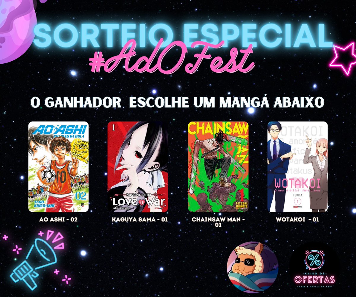 Lhamatorrinco's tweet photo. ⚡Sorteio Especial #AdOFest  
 
✅Regras: 
- Seguir: @AvisoDeOferta e @Lhamatorrinco
- Dar RT e Like 
 -Comentar qual mangá vai querer com a #AdOFest

📌Resultado hoje https://t.co/uigCuMT4ck