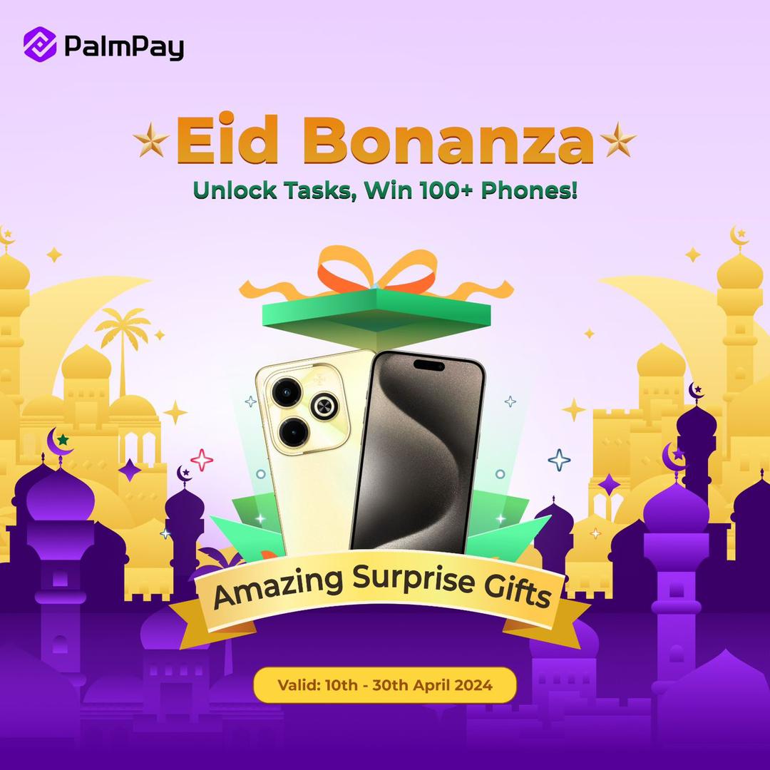Be among the luckiest winners to win amazing devices this season such as the iPhone 15 Pro and Infinix Hot 40i when you make transactions on your Palmpay app in the Palmpay Eid Bonanza. bit.ly/PalmPayEid

 #PalmPayEidBonanza