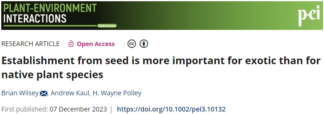 Wilsey, Kaul, & Polley, 'Establishment from seed is more important for exotic than for native plant species' Plant-Environment Interactions (2023) doi.org/10.1002/pei3.1…
@WileyGlobal
@wileyplantsci
@wileyinresearch

#scopus #plantsci #invasiveplants