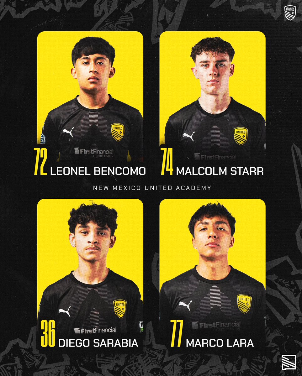 Academy roster update 📊 New Mexico United and the @SomosUnidosFdn officially welcome four players to our Academy team 👥 Leonel Bencomo, Marco Lara, Malcolm Starr and Diego Sarabia, let's keep working! #SomosFuturos