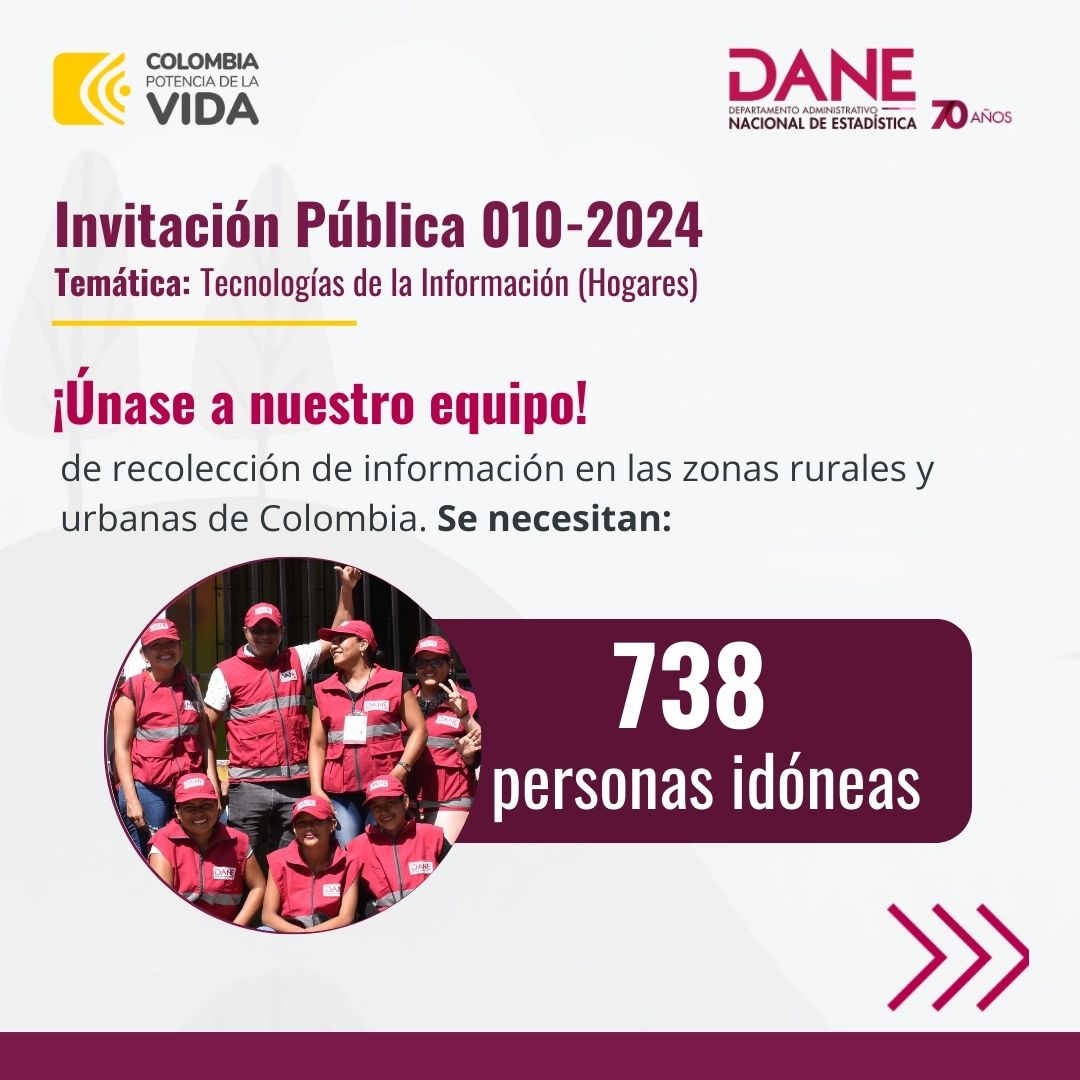 DANE_Colombia's tweet photo. #TrabajoSíHay | El DANE busca a 738 personas para para conformar el Banco de Prestadores de Servicios Operativos para recolectar información en zonas rurales y urbanas del país en 32 municipios. 
✔️Conozca los roles y fecha límite 🔗https://t.co/skfzHYBYlT https://t.co/7fkBhULmIa