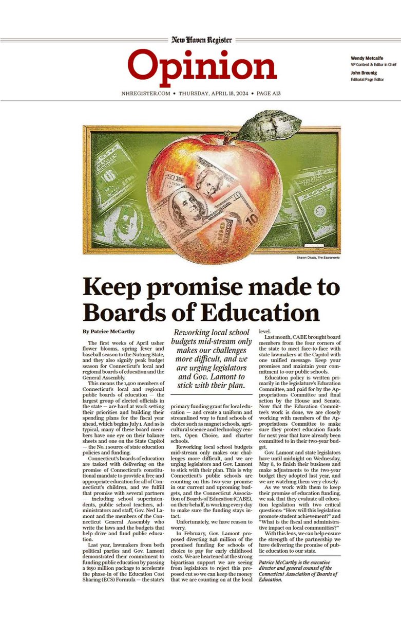 'Reworking local school budgets mid-stream only makes our challenges more difficult, and we are urging legislators and @GovNedLamont to stick with their plan.' Continue reading the OpEd piece written by Patrice McCarthy that appeared in the @nhregister: ow.ly/X4Ms50Rlmlc