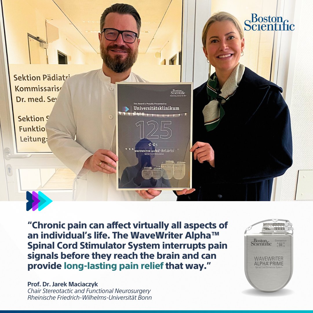 🎉 Congratulations to Prof. Dr. Jarek Maciaczyk and the entire team at the University of Bonn on their 125th successful procedure with the WaveWriter Alpha™ Spinal Cord Stimulator System! #BSCEMEA #SpinalCordStimulation #SCS #ChronicPain