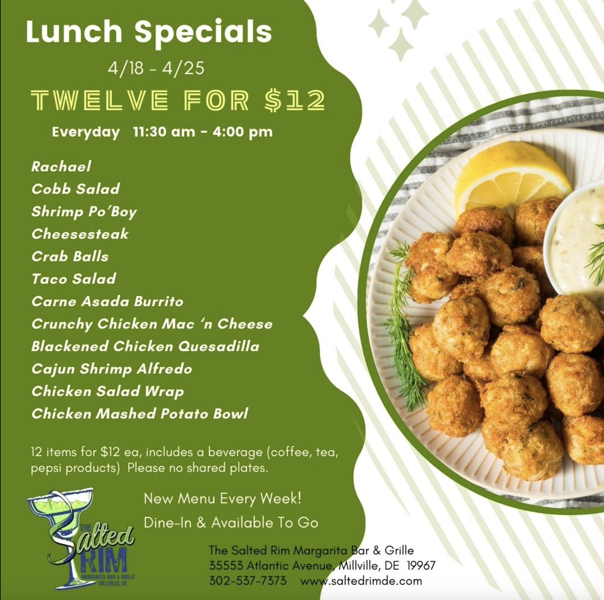 Happy Monday! We hope everyone had a great weekend and are ready to take on another work week. Stop by for one of our lunch specials to enjoy this beautiful & sunny day! #thesaltedrim #lunchspecials #happymonday #happyhour #mondayspecials #delawareeats