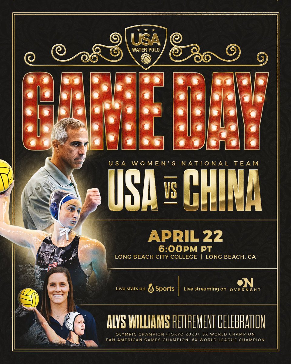 USAWP's tweet photo. It's GAMEDAY in Long Beach! Tonight we honor @alyswilliams12

@TeamUSA Women 🇺🇸 vs China 🇨🇳
📍Long Beach City College
⏰9pm et/6pm pt
📺https://t.co/LGYjg4rvYr
📈https://t.co/3qEpFqbo9H 
🎟️https://t.co/fkOg1fbm3I

#waterpolo #Paris2024 https://t.co/PIOtOEYxDI