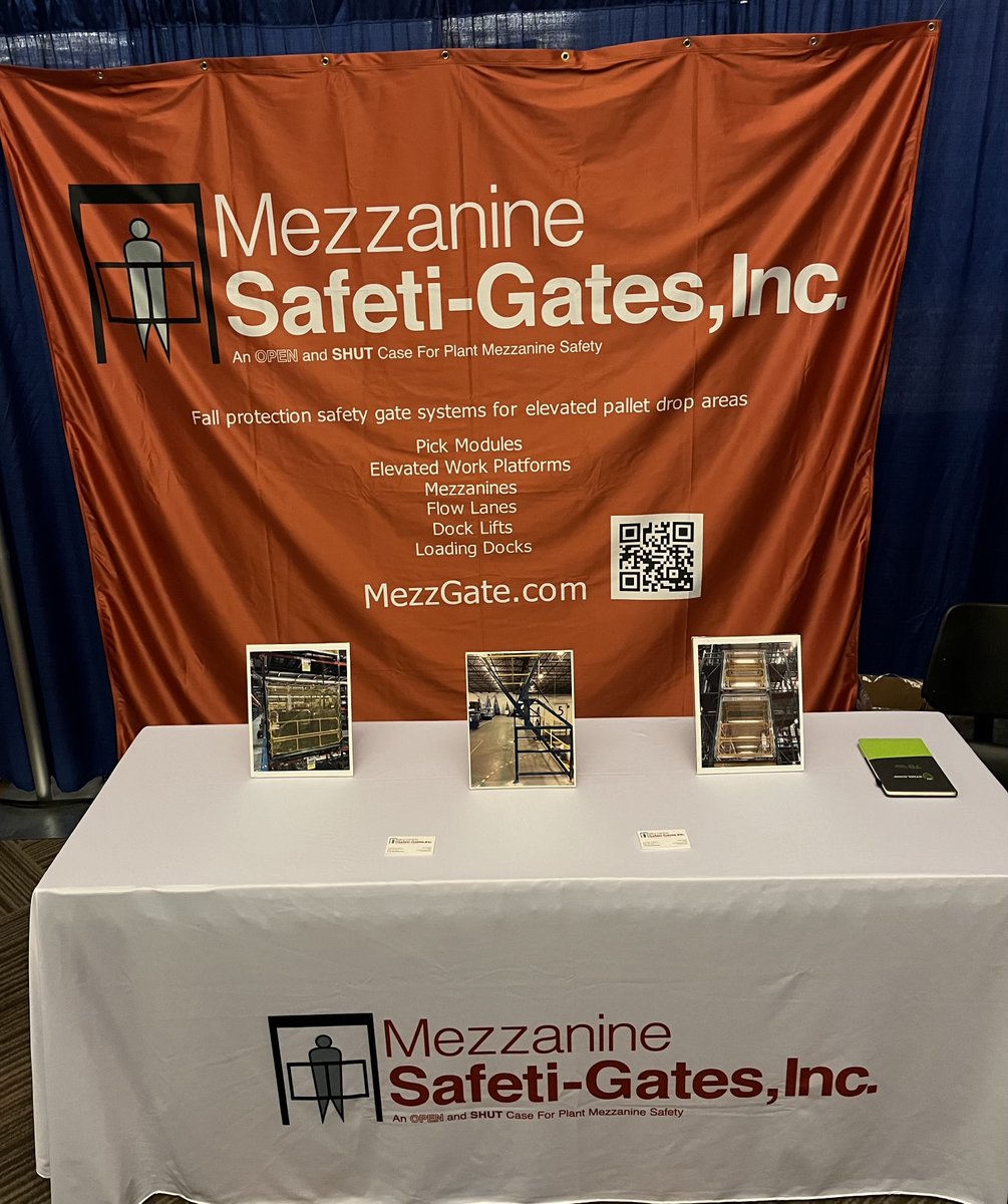 We're ready to talk with you about OSHA compliant fall protection and pallet drop safety gates at the #MHEDA2024 show. See you soon! #materialhandling #fallprotection #mezzaninesafetygates