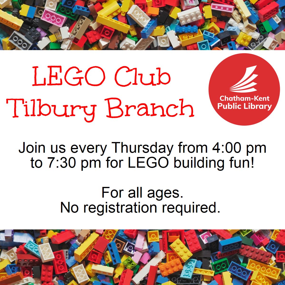 Drop by the Tilbury Branch of the Chatham-Kent Public Library every Thursday between 4pm to 7:30pm for some LEGO building fun! No registration required. For more information, please call 519-682-0100. #YourTVCK #TrulyLocal #CKont #CKPL #Tilbury #LEGOClub