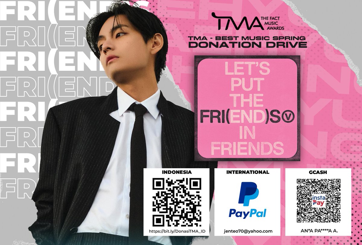 Fanbases have opened a donation drive for TMA. You can now donate funds to help secure a physical trophy 🏆 for Taehyung 🇮🇩 Indomy Donate via: bit.ly/DonasiTMA_ID 🇵🇭 Filos Donate via Gcash: 09228074275 🌎 Donate to @vote4kths: PayPal: jenteo70@yahoo.com