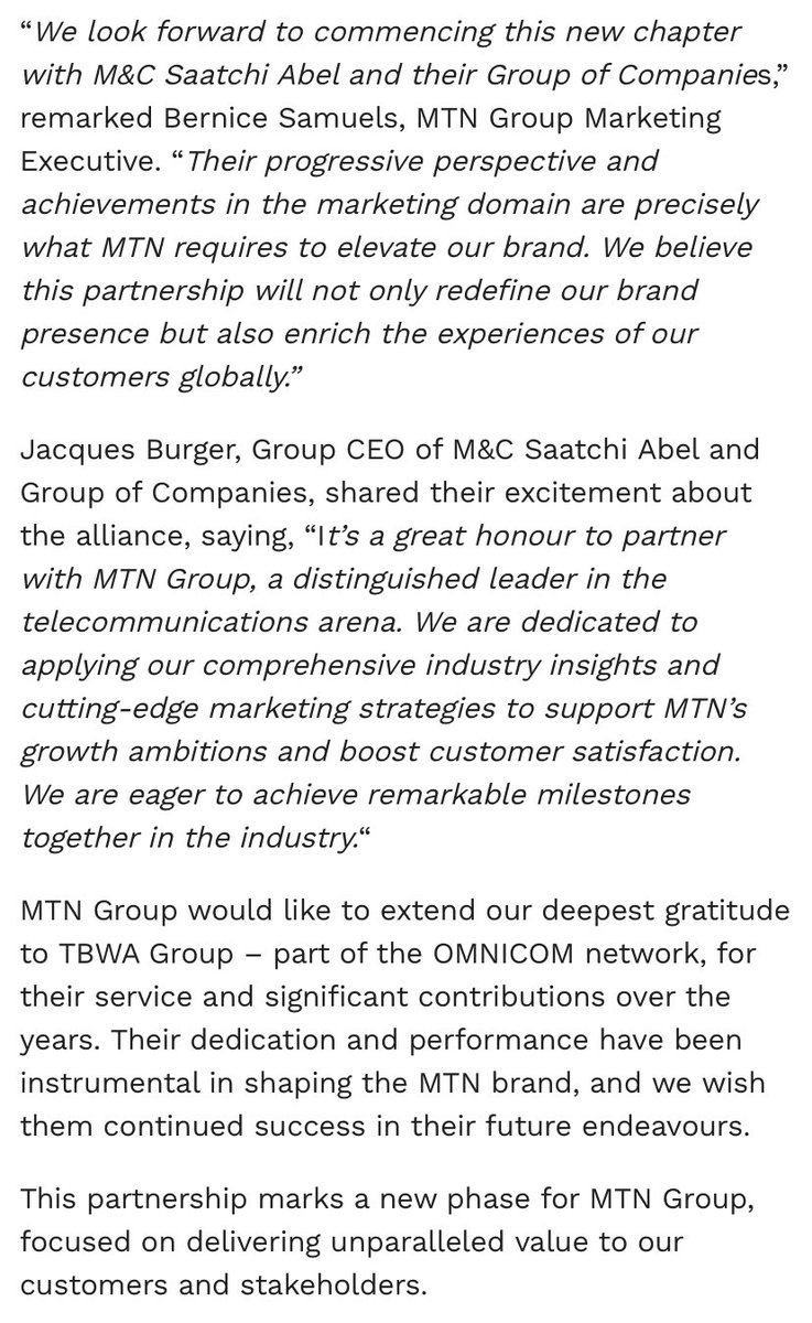 #MTNGroup embarks on a new era of innovation with M&C Saatchi Abel and group of companies as its global marketing partner MTN Group embarks on a new era of innovation with M&C Saatchi Abel and group of companies as its global marketing partner.