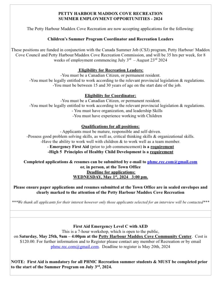 skhmavericks's tweet photo. Wednesday May 1st Deadline for applying! Great summer job opportunity in Petty Harbour-Maddox Cove! See below for details ! 💵 https://t.co/pr0tDL97st