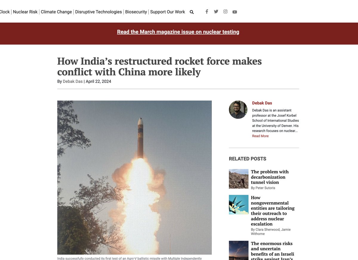 🚨 New piece in the Bulletin of the Atomic Scientists (@BulletinAtomic) on India's MIRV test & Sino-Indian nuclear stability🚨 '...The MIRV test and the solidifying of strategic stability will open up space for China-India conventional crisis escalation' thebulletin.org/2024/04/how-in…