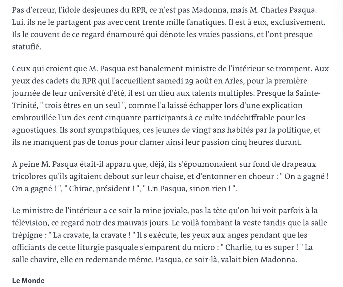 Andy_d_David's tweet photo. Mais.... "Un culte indéchiffrable". Un papier taquin sur @lemondefr du 1er septembre 1987, à propos de l'amour porté par les jeunes RPR à Charles Pasqua. https://t.co/ZKOpEca627