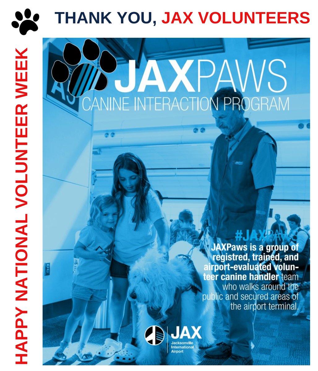 JAXairport's tweet photo. Celebrating #NationalVolunteerAppreciationWeek with our incredible #JAXPaws teams. Delivering smiles through pet therapy one paw at a time! πΎπ§‘ https://t.co/vkruubPM54