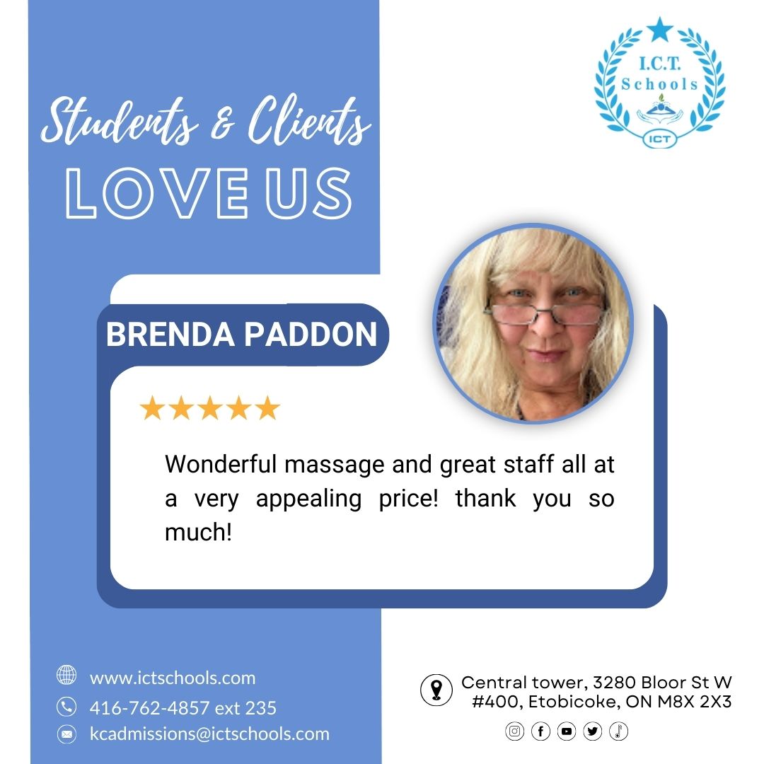 📚👩‍💼 Students & clients alike can't get enough of us! With top-notch I.C.T. education and services, we're making waves. Brenda Paddon raves about her experience - join the satisfied crew today! 💆‍♂️✨ #ICTSchools #EducationWins #ClientLove #MassageTherapy #TorontoLife