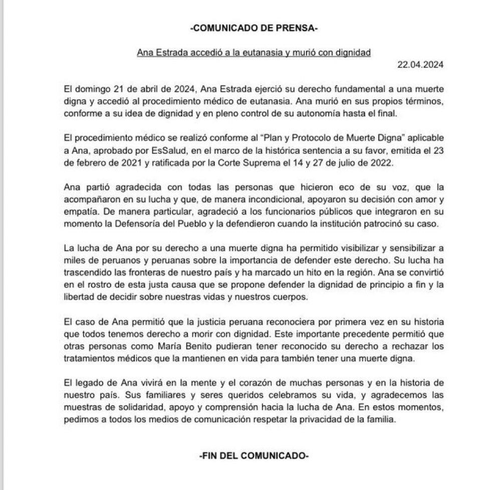 🇵🇪 | AHORA: Perú aplica por primera vez la eutanasia en una paciente con enfermedad degenerativa.