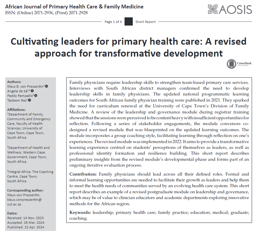 New publication alert! 🎉🎉🎉 This short report captures our initial experience revising our postgraduate leadership and clinical governance training. Thank you to the team for your support on this journey of discovery. #leadership #primarycare #PHC #HPE phcfm.org/index.php/phcf…