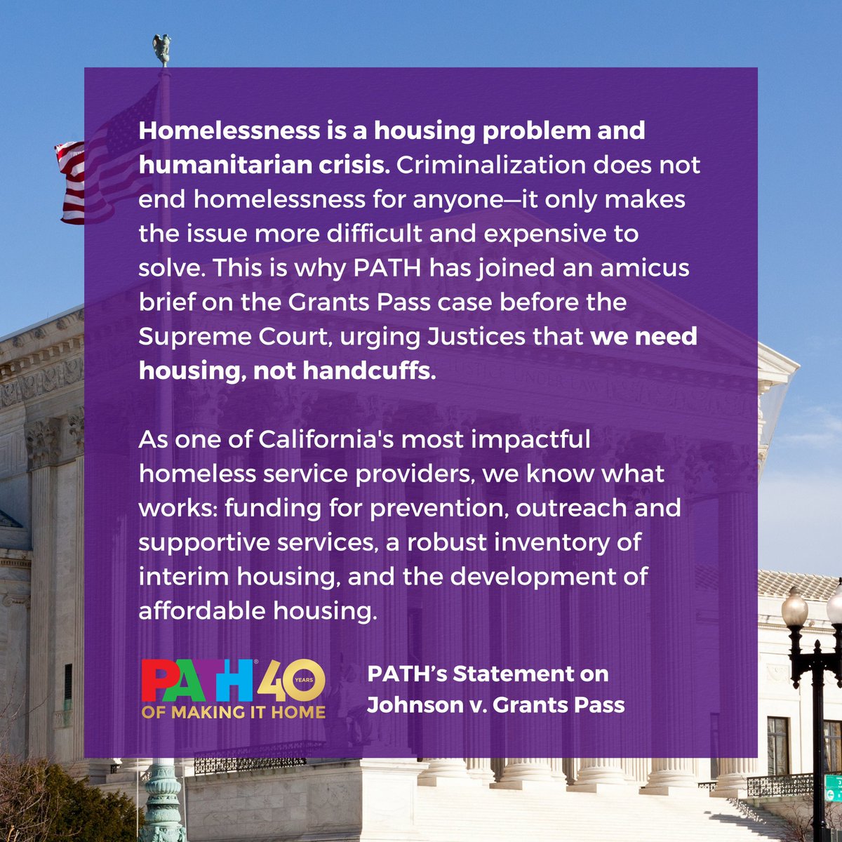 SCOTUS is hearing oral arguments on #JohnsonVGrantsPass. Arresting and citing people for being unsheltered is ineffective and keeps people homeless for longer. There are alternatives to arresting people that communities can act on now.  

Learn more: johnsonvgrantspass.com