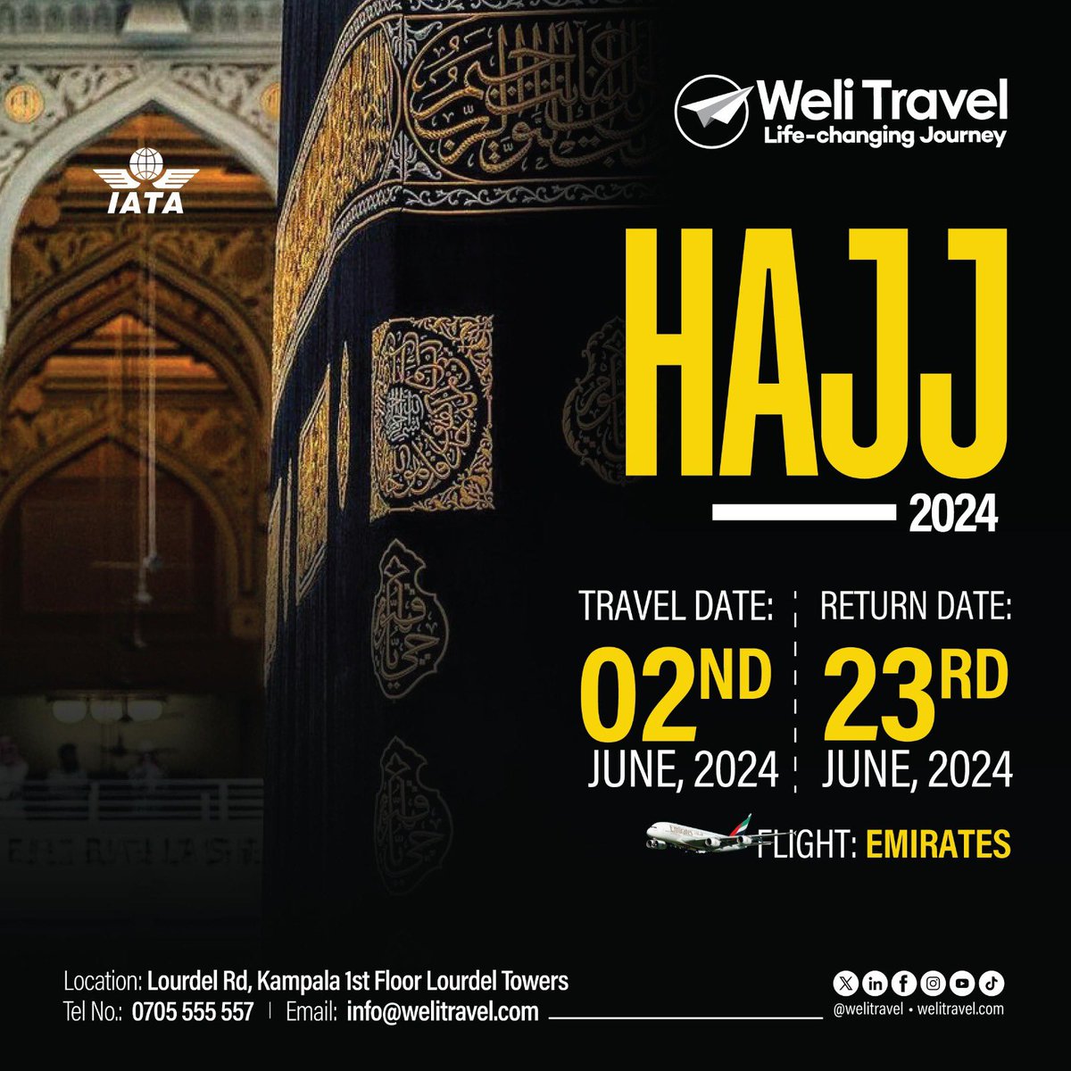 HAJJ 2024 UPDATE 🔊

The wait is over as we share with you the Hajj 2024 details!👇

Pack your bags and prepare for a sacred journey with Weli Travel, departing from 2nd June to 23rd June 2024. 

It's time to embark on a pilgrimage of a lifetime! 🕋 
#Hajj2024 ||…