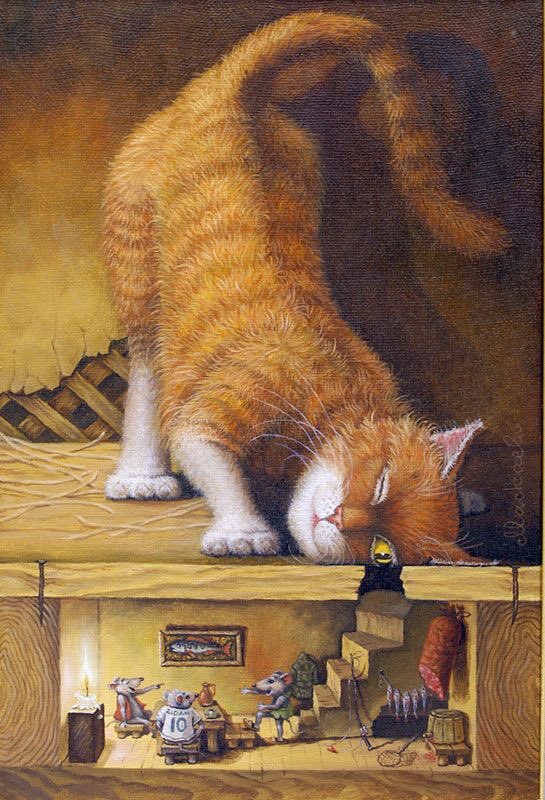 Ooooh who’s a bad puss. It’s typical,behaviour though Lev Bartenev is the artist The mouse has a shirt with a mouse football player on !
