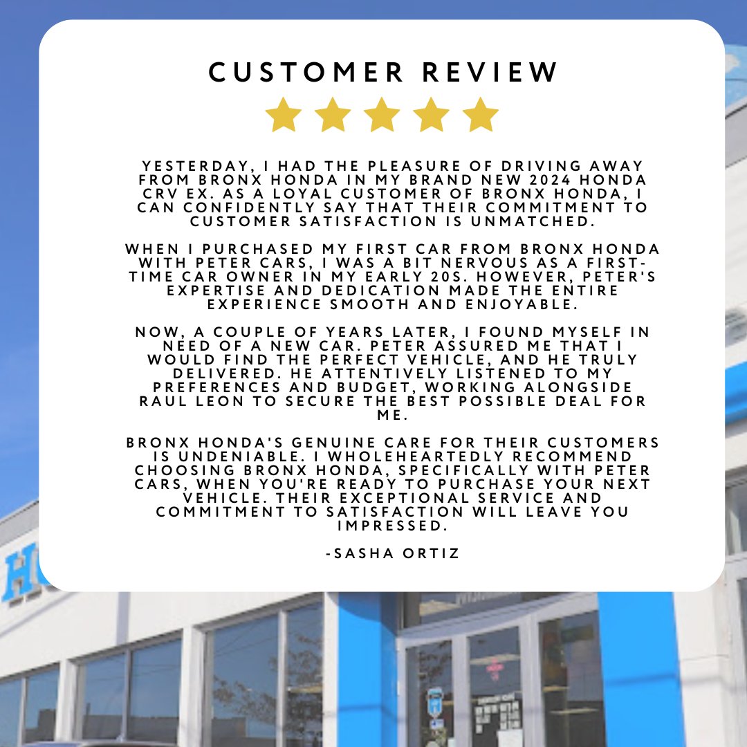 Feeling grateful for our amazing customers and their kind reviews! Here's to endless adventures ahead, from Bronx Honda to you.
.
.
.
#bronxhonda #bronxny #honda #vehicle #customerreview #fivestarreview #customerfeedback #customerservice #positivefeedback