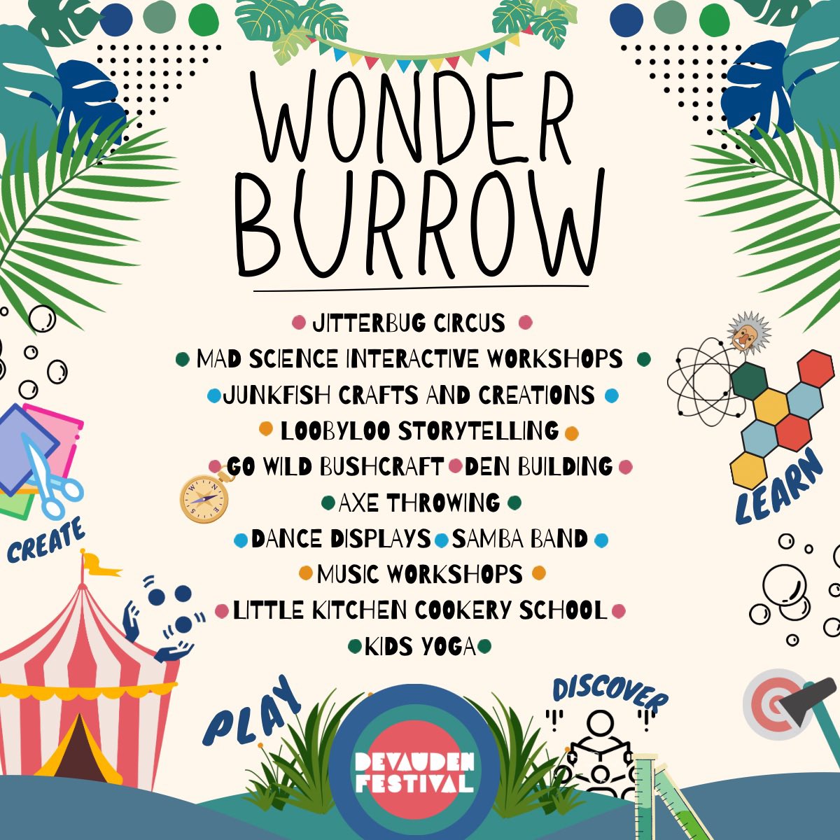 ✨ 🌳 THE WONDER BURROW 🌳✨ Away from our FIVE music stages you can enter “THE WONDER BURROW” for a whole fields worth of activities! Little kids, Big Kids, Adults who think they’re kids 👀 Come and get involved with this huge array of activities!! 🤹🏻‍♀️ 🧪 🪓 👨‍🍳 Book now 🎟