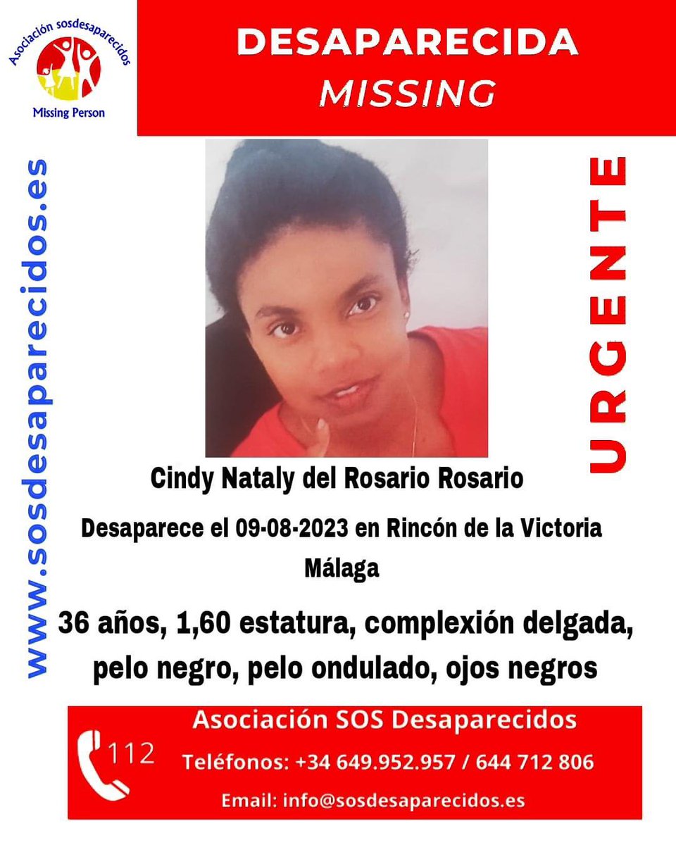 🚨 PERSONA DESAPARECIDA 🚨

Cindy Nataly del Rosario Rosario, de 36 años de edad, desapareció el pasado 8 de agosto de 2023 en #RincóndelaVictoria, #Málaga.

📞 Si tienes información, llama al 1-1-2.

⚠️ Importante compartir ⚠️

#PersonaDesaparecida #sosdesaparecidos