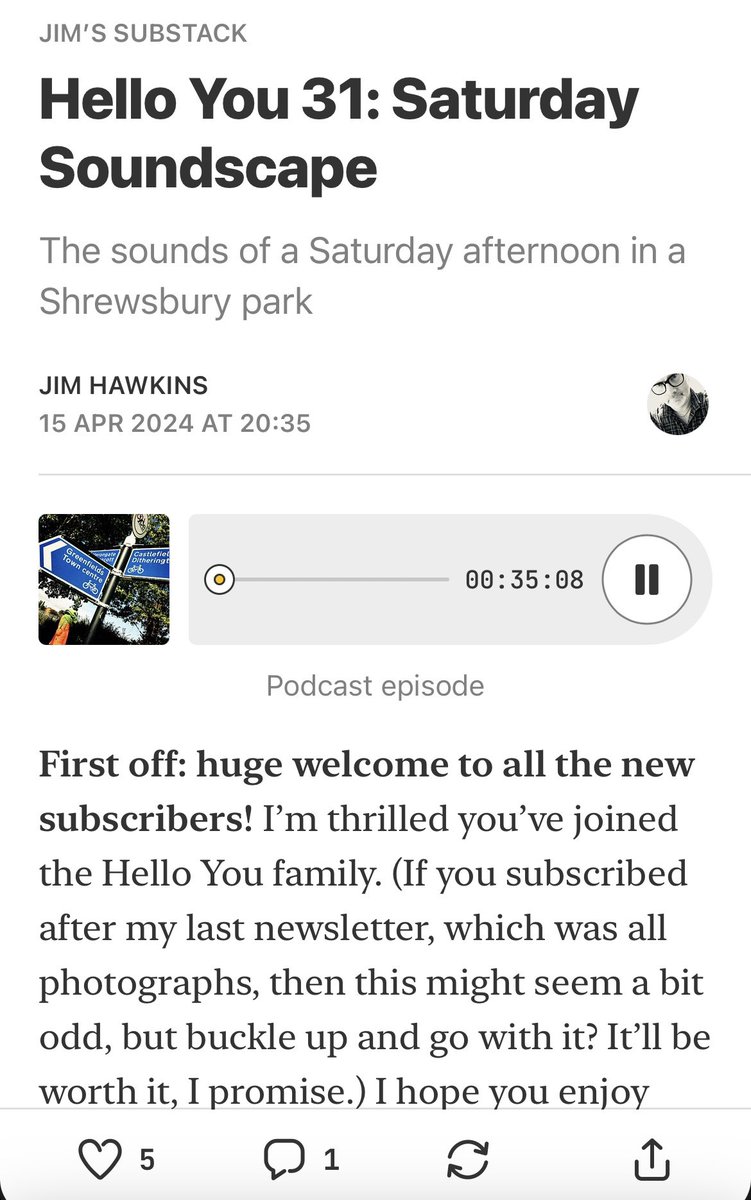 evmoregirl's tweet image. Hi @jimallthetime &amp;amp; #helloyoufamily 

Just had a listen to #helloyou 31 

Have a relaxing listen here, laughter, chatter, birds &amp;amp; a random seagull 😂……. substack.com/app-link/post?…

Love a soundscape !!
Thanks Jim
Hope you are ok?