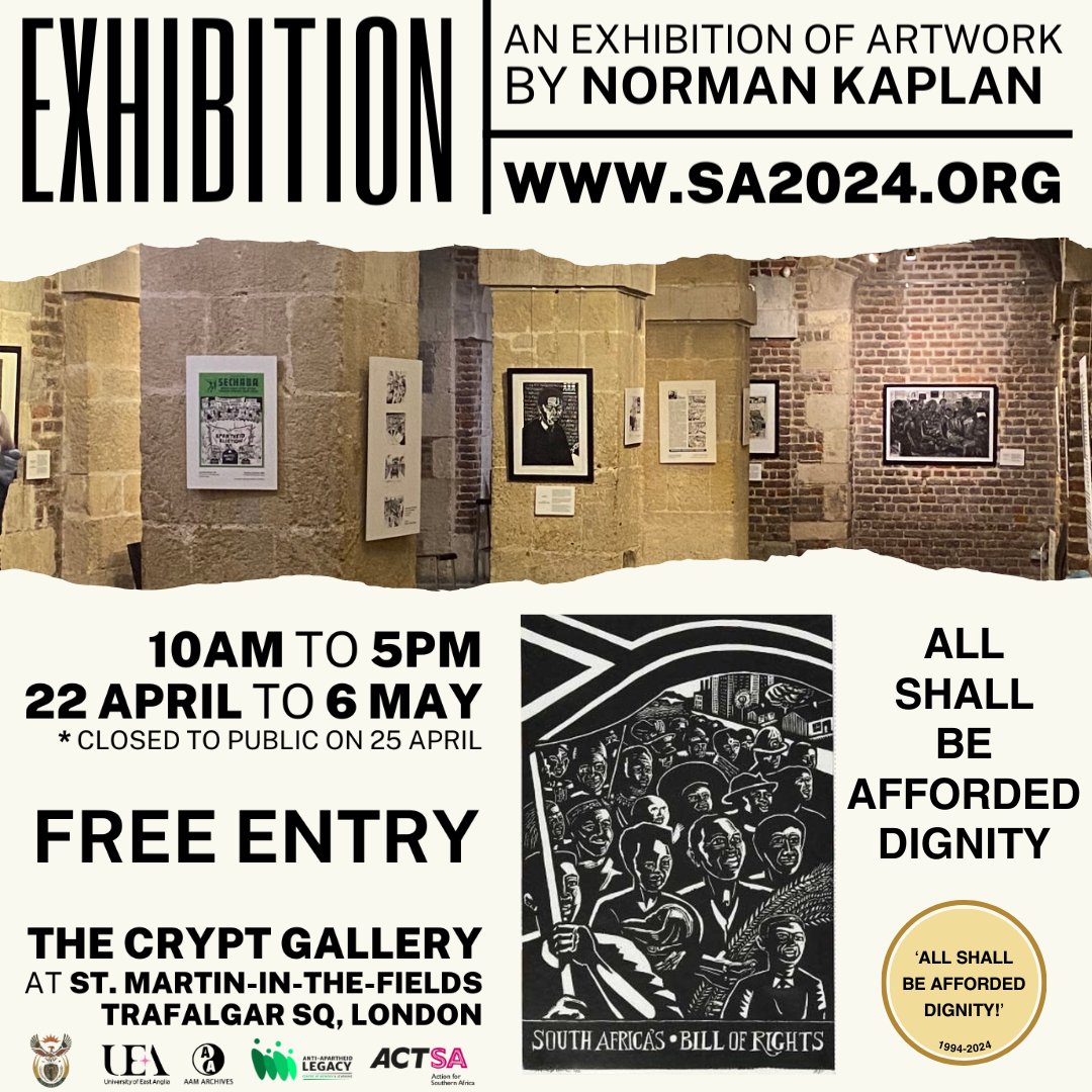 Today, join us at the 'Dignity' exhibition for SA's freedom journey, with @antiapartheidlegacy. 📍The Crypt Gallery, London, 📅 22 Apr-6 May, 10-5 (closed 25 Apr). Free entry! #LiberationArt #ACTSA #VisitToday