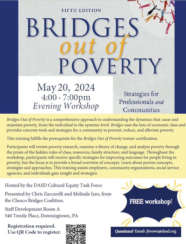🌟 Join us on May 20, 2024, 4:00 - 7:00pm, for an enlightening Evening Workshop on Bridges Out of Poverty! Registration is essential. Scan the QR Code to secure your spot at 540 Trestle Place, Downingtown, PA. Register now! #BridgesOutOfPoverty #CommunityImpact