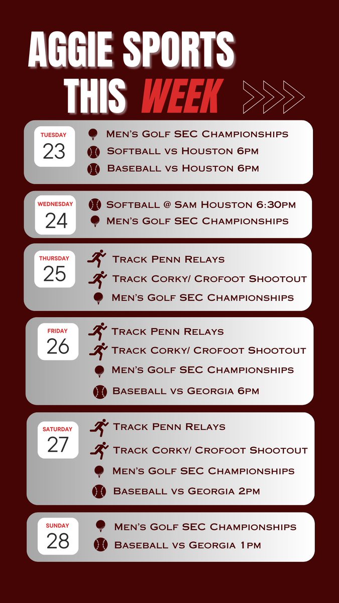 This weeks Aggie sports lineup ⬇️⚾️🥎⛳️