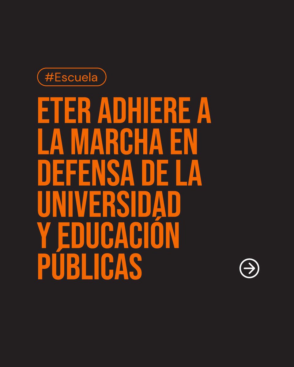 EscuelaETER's tweet photo. ETER se suma a la marcha por la Universidad y Educación Públicas. Con la preocupación por la situación actual y el respaldo a estos pilares fundamentales, estaremos mañana junto a estudiantes y docentes, más firmes que nunca. 📚🎓

#ETER #YoVoy #MarchaUniversitaria https://t.co/Zmet6UrVpm