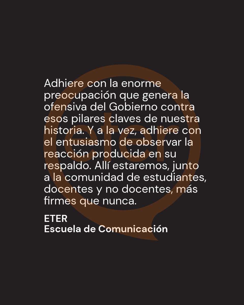EscuelaETER's tweet photo. ETER se suma a la marcha por la Universidad y Educación Públicas. Con la preocupación por la situación actual y el respaldo a estos pilares fundamentales, estaremos mañana junto a estudiantes y docentes, más firmes que nunca. 📚🎓

#ETER #YoVoy #MarchaUniversitaria https://t.co/Zmet6UrVpm