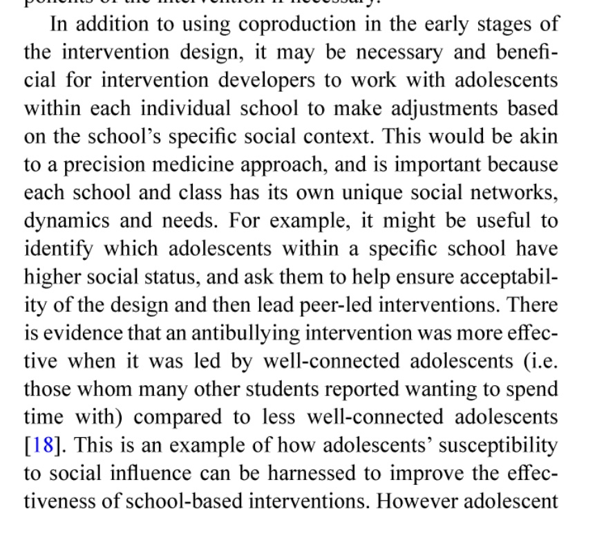 Some great points made in this commentary on importance of considering peer influence on teens in school mental health interventions.This bit in particular about need to consider each schools unique context & well-connected peers influence on other students