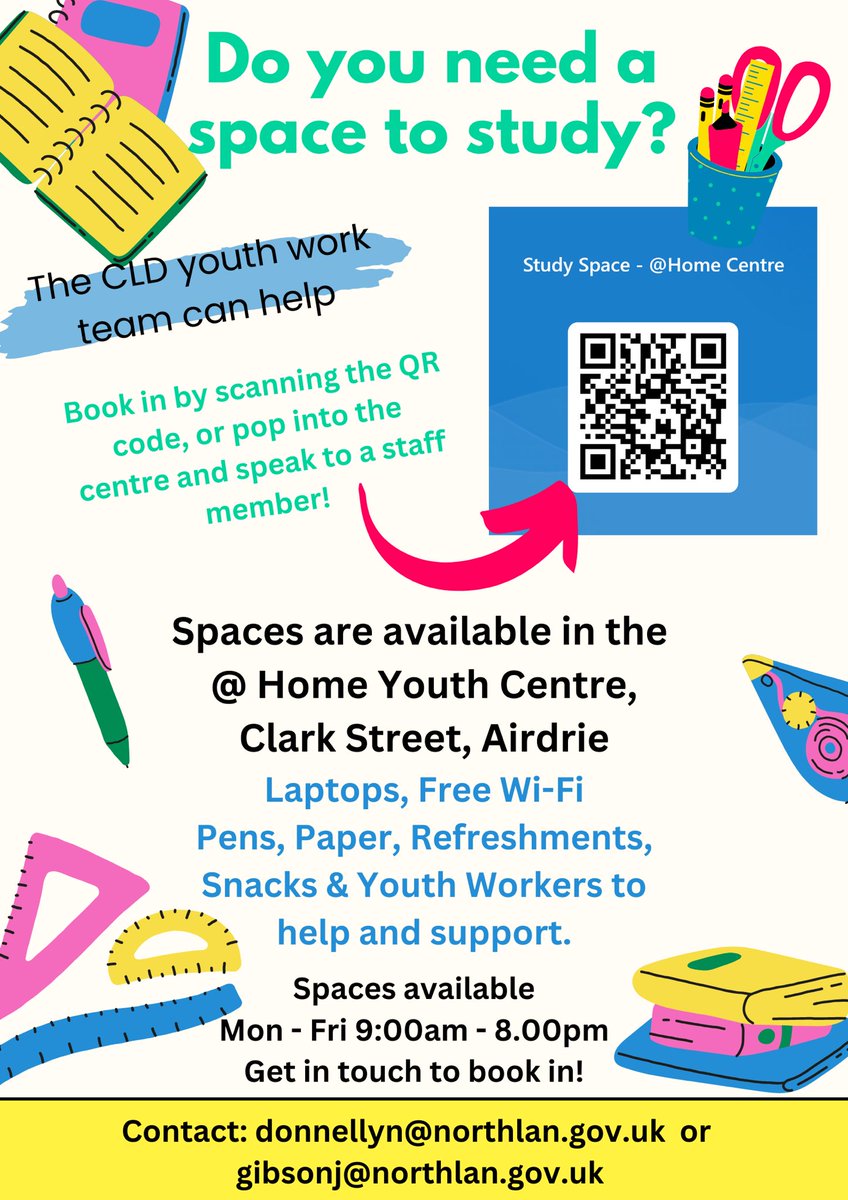 The @ Home centre is offering a space (with stationery, resources and snacks) for the next 6 weeks, open 9am-8pm, Mon to Fri. If none of the dates or times are available to yourself, please do not hesitate to get in touch!