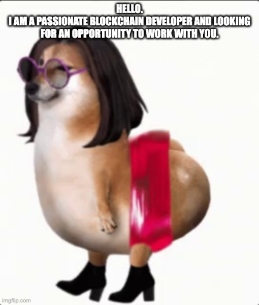 MemeCoinMaster2's tweet photo. PLEASE I JUST WANT TO WORK WITH YOU AND SUCK YOU OFF UNDER AND OVER THE DESK

$Cheems @TheCheemsToken 

#SolanaMemeCoins #SolanaAirdrop #100x #memecoin #doge #shibarmy #shib #boden https://t.co/Vz38o09elA
