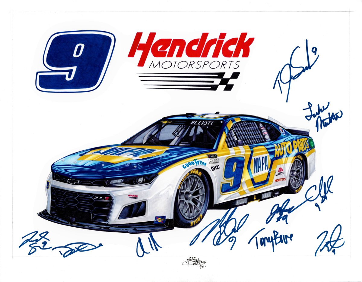 A little taste of what I do. Hand drawn, mixed media. Working on scanning images and getting more uploaded. This one was completed in March of 2022 just in time for the @ATLMotorSpdwy race. I wasn't able to get @chaseelliott autograph but I got some of his crew members.